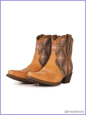 Genuine Leather Western Cowboy Ankle Boots Chunky Heel Pointed Toe Women's